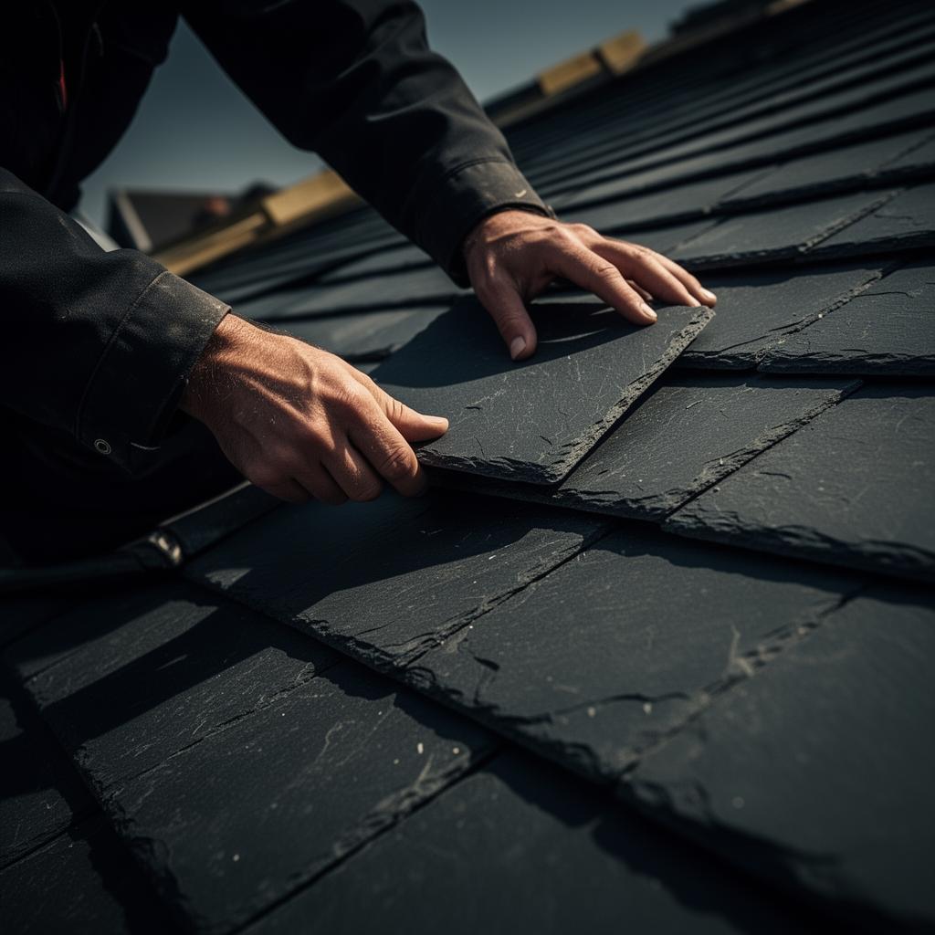Roofer installing premium slate tiles